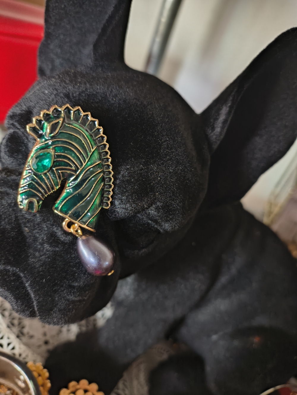 Green Zebra Brooch With Gray Pearl Stunning